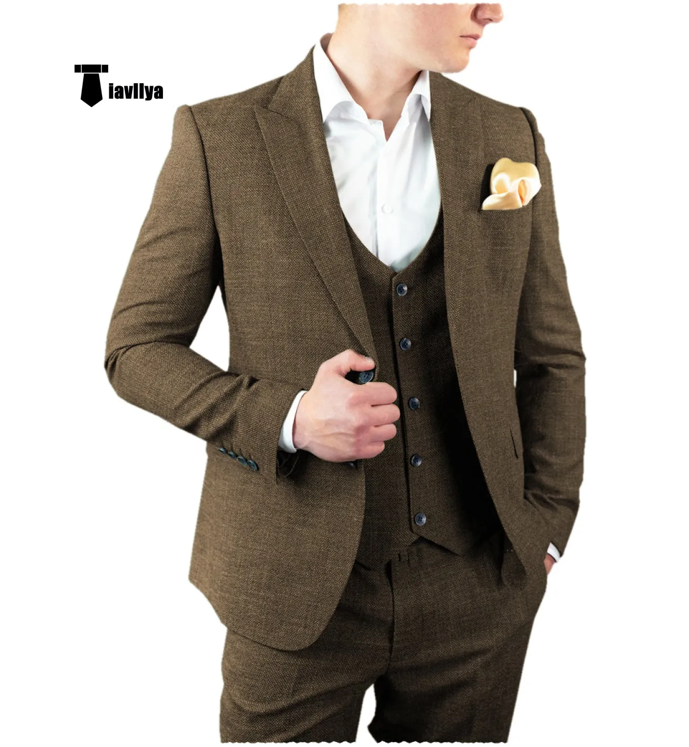 3 Pieces Mens Suit Classic Tweed Peak Lapel Tuxedos (Blazer vest Pants)