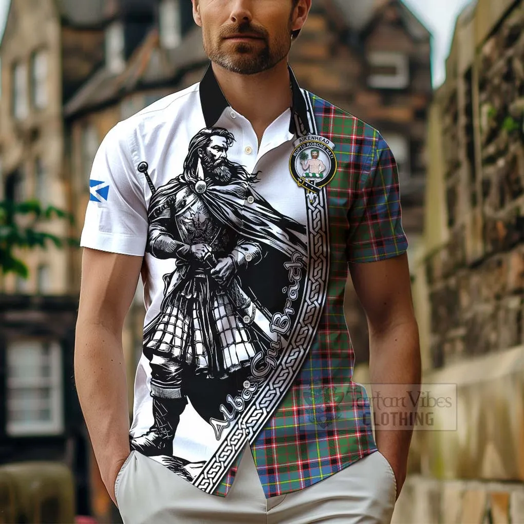 Aikenhead Tartan Clan Crest Short Sleeve Button Shirt with Highlander Warrior Celtic Style