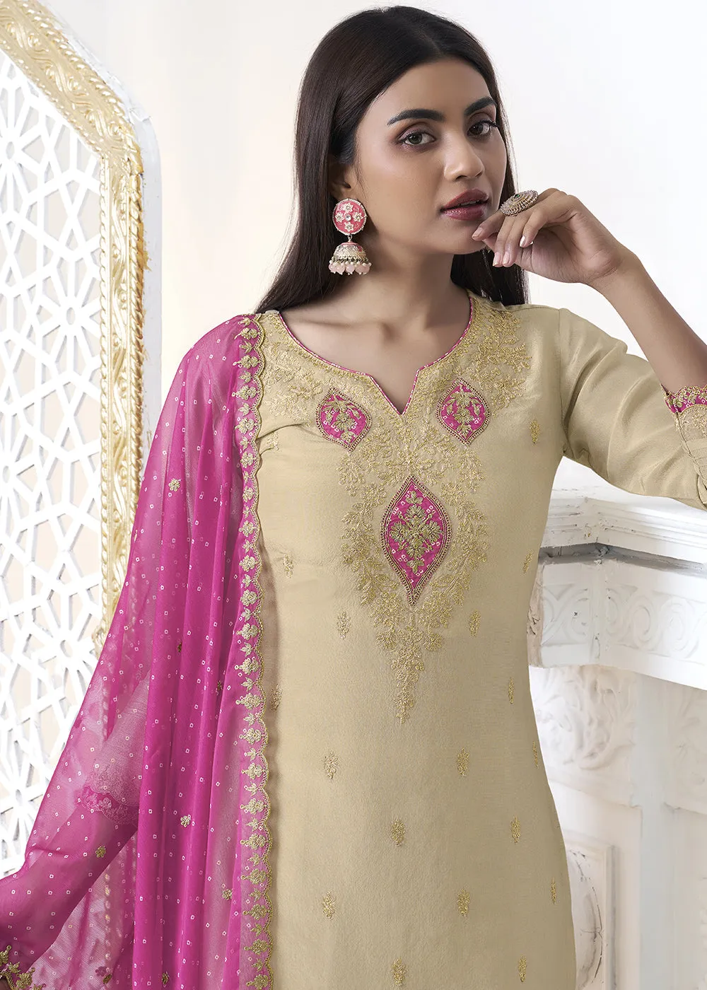 Beige Brown Tissue Silk Kurta Suit Set with Bandhani Print and Contrast Dupatta