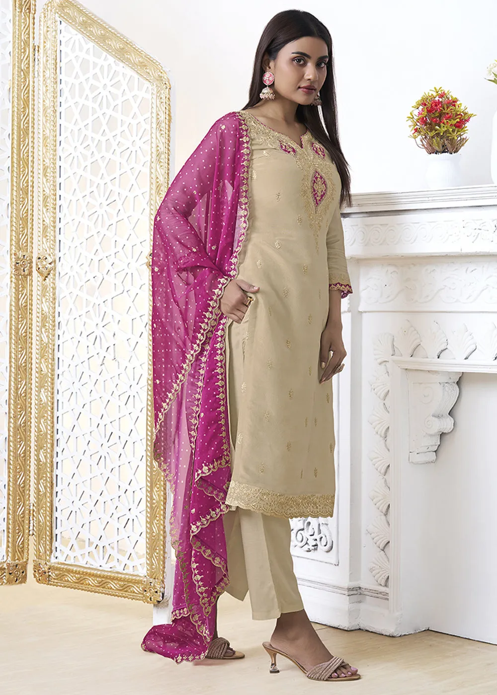 Beige Brown Tissue Silk Kurta Suit Set with Bandhani Print and Contrast Dupatta