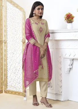 Beige Brown Tissue Silk Kurta Suit Set with Bandhani Print and Contrast Dupatta