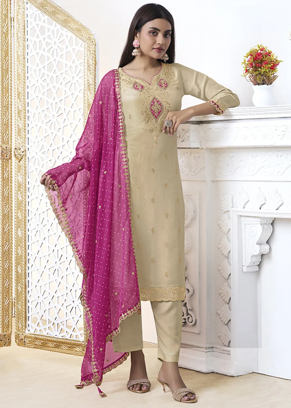 Beige Brown Tissue Silk Kurta Suit Set with Bandhani Print and Contrast Dupatta