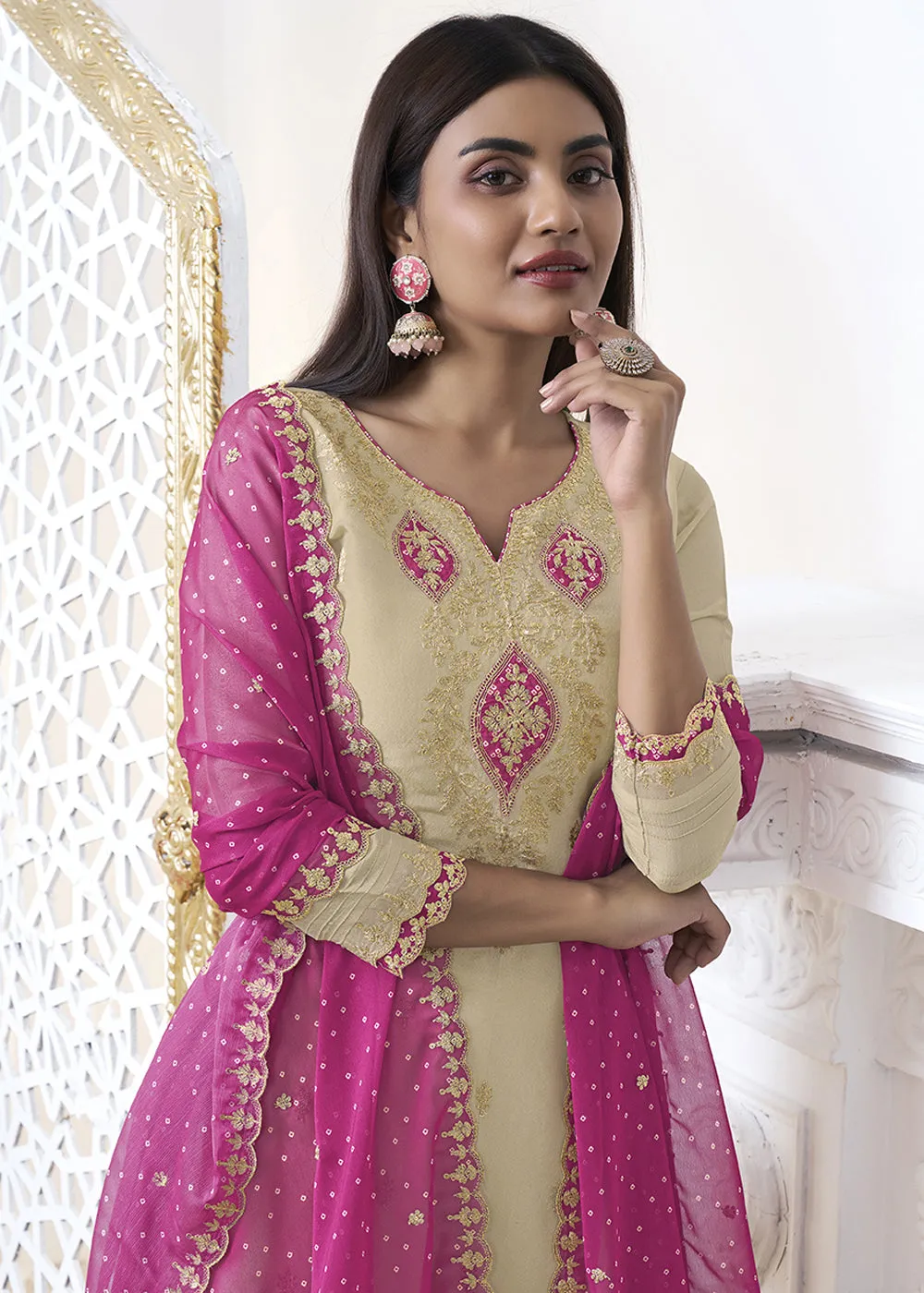 Beige Brown Tissue Silk Kurta Suit Set with Bandhani Print and Contrast Dupatta