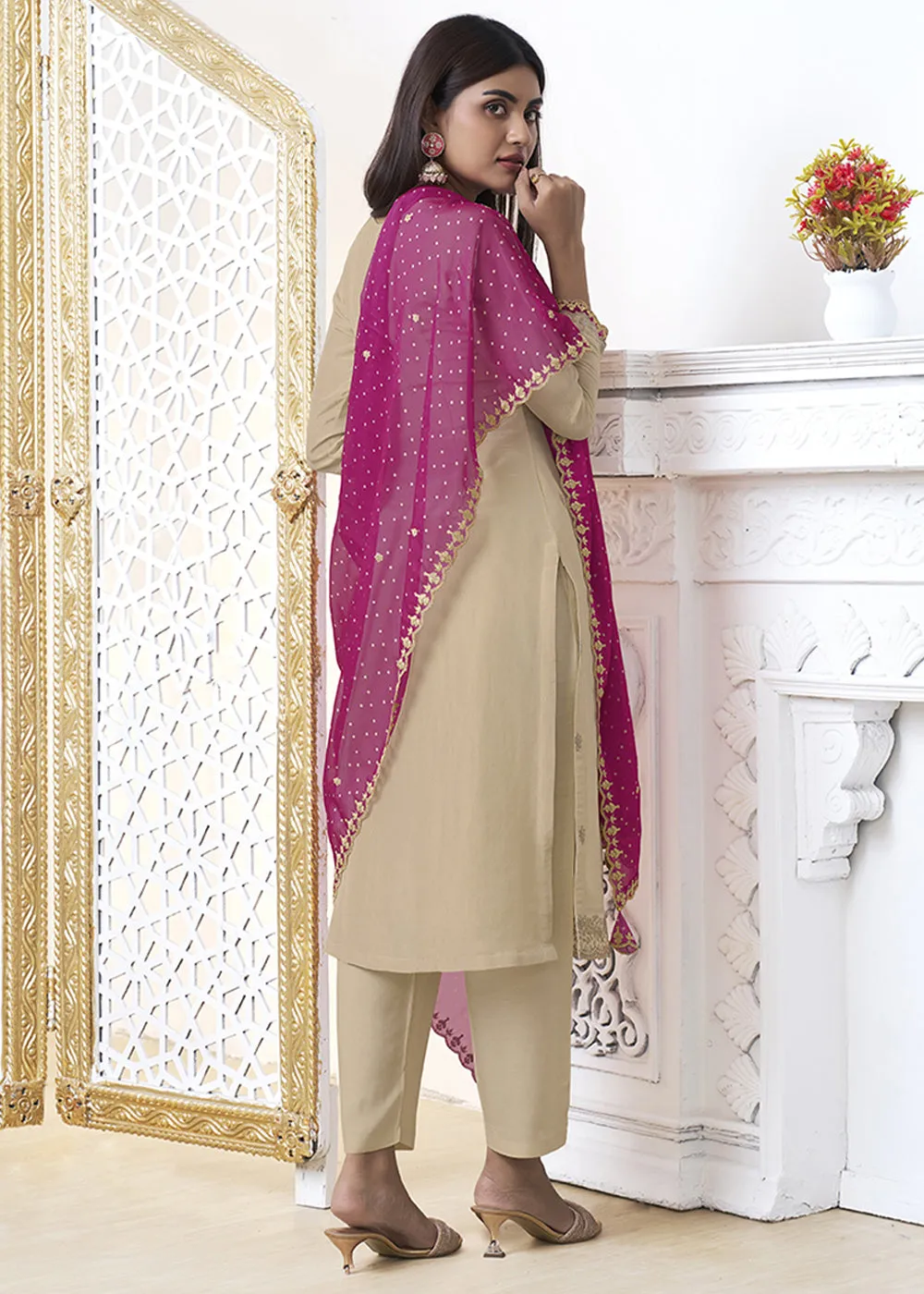 Beige Brown Tissue Silk Kurta Suit Set with Bandhani Print and Contrast Dupatta