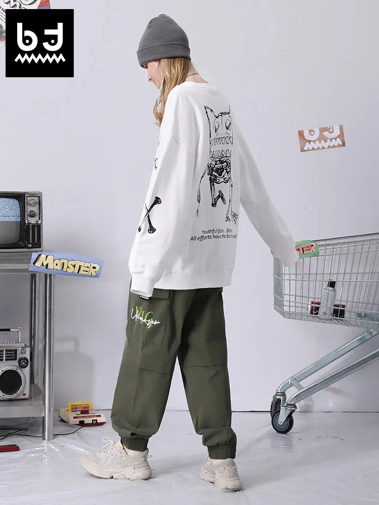 Cargo style letter print loose straight leg stretch leg casual pants