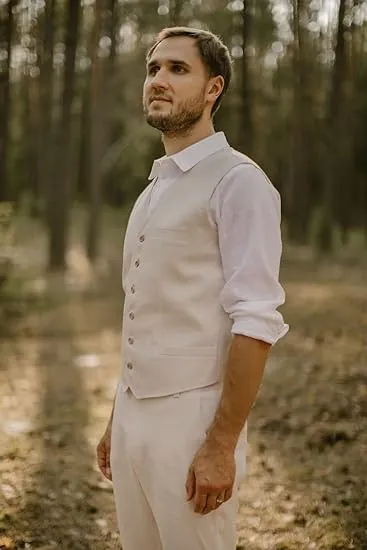 Formal 2 Pieces Mens Suit Flat Linen V Neck For Wedding (Vest   Pants)