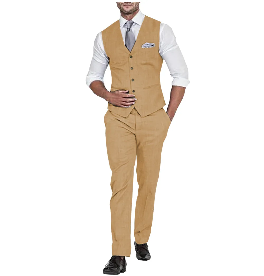 Formal 2 Pieces Mens Suit Flat Linen V Neck For Wedding (Vest   Pants)