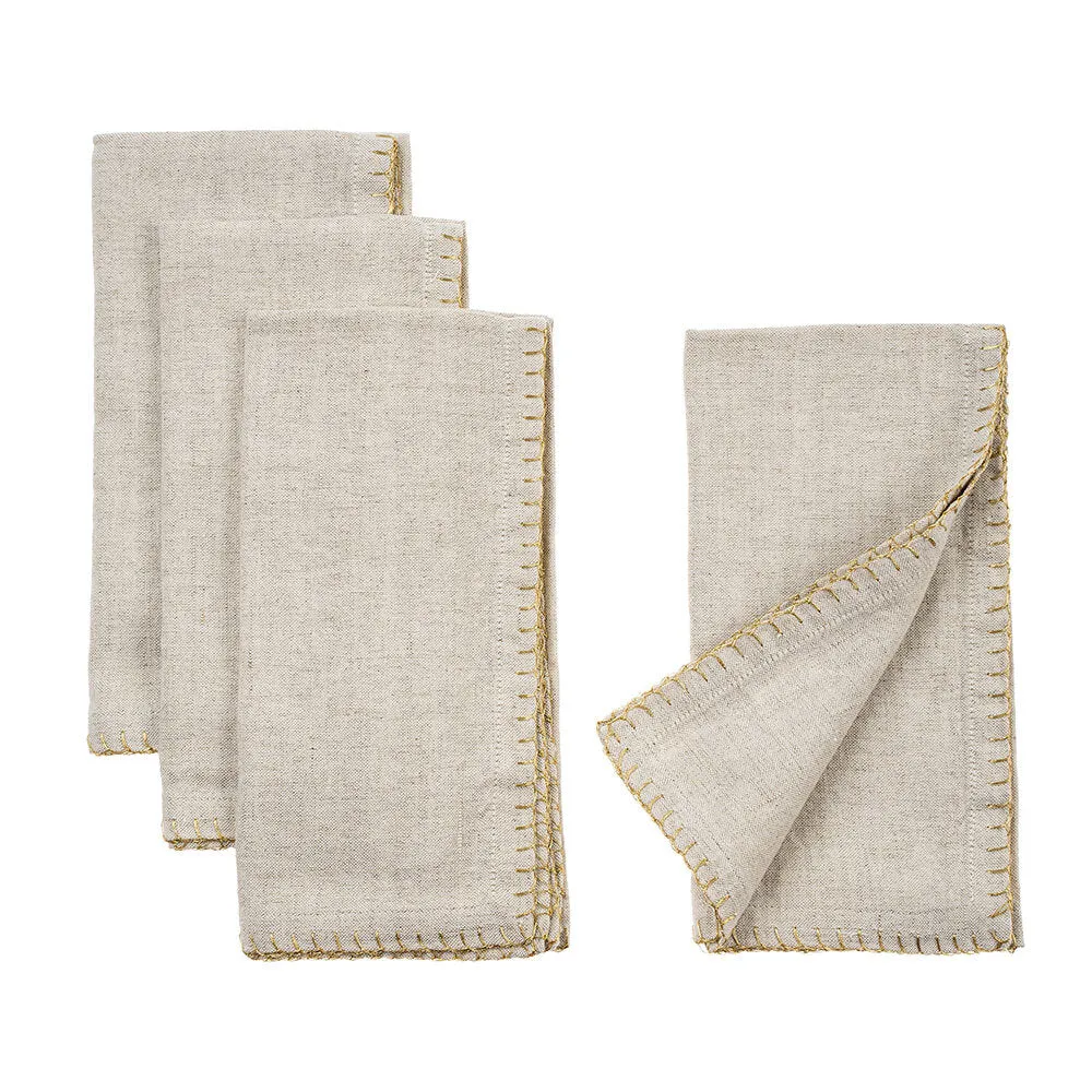 Gold Blanket Stitch Napkins, Linen Grey - Set of 2