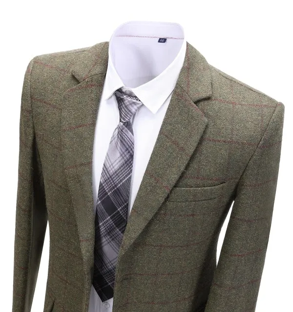 Men's 2 Pieces Formal Green Tweed Plaid Notch Lapel Tuxedos for Wedding(Blazer Pants)