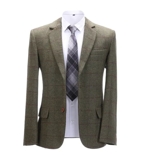 Men's 2 Pieces Formal Green Tweed Plaid Notch Lapel Tuxedos for Wedding(Blazer Pants)