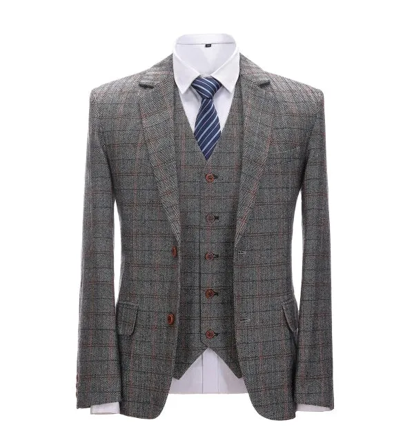 Men's Business 3 Pieces Formal Grey Plaid Tweed Notch Lapel Suit (Blazer vest Pants)