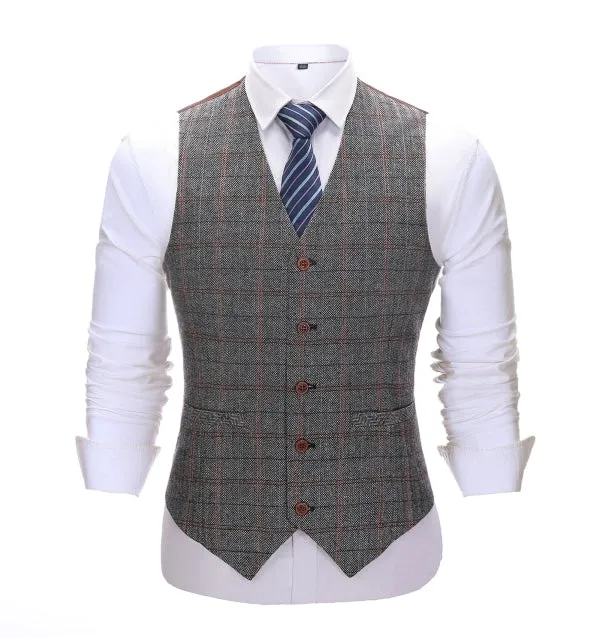 Men's Business 3 Pieces Formal Grey Plaid Tweed Notch Lapel Suit (Blazer vest Pants)