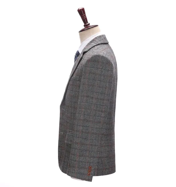Men's Business 3 Pieces Formal Grey Plaid Tweed Notch Lapel Suit (Blazer vest Pants)