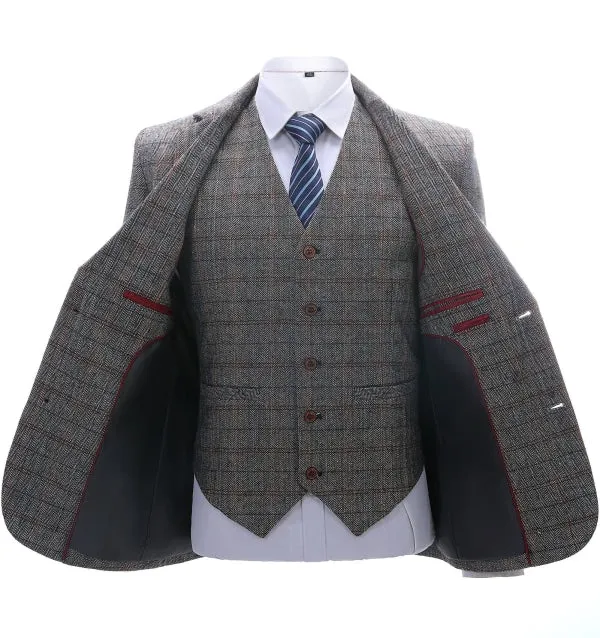Men's Business 3 Pieces Formal Grey Plaid Tweed Notch Lapel Suit (Blazer vest Pants)