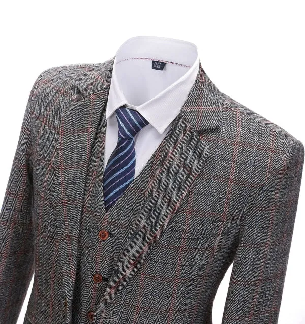 Men's Business 3 Pieces Formal Grey Plaid Tweed Notch Lapel Suit (Blazer vest Pants)