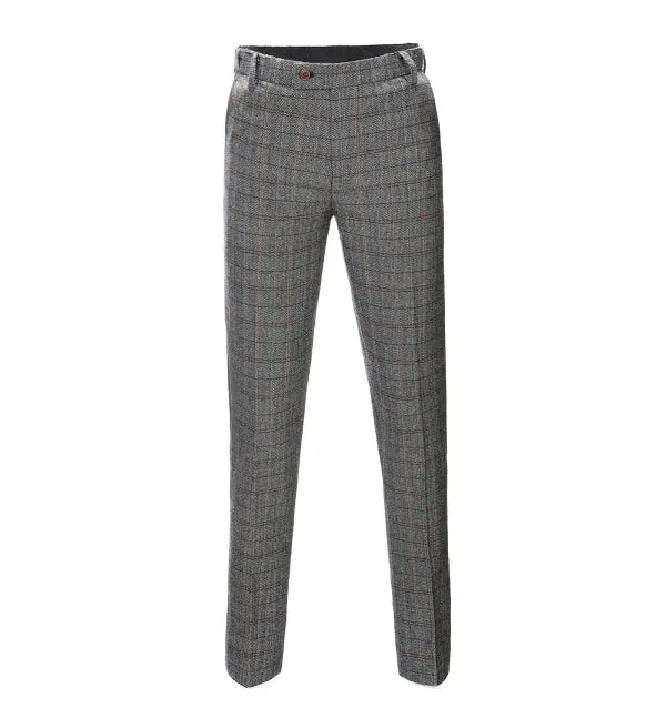 Men's Business 3 Pieces Formal Grey Plaid Tweed Notch Lapel Suit (Blazer vest Pants)