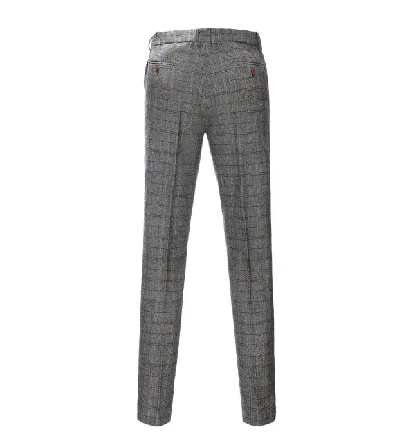 Men's Business 3 Pieces Formal Grey Plaid Tweed Notch Lapel Suit (Blazer vest Pants)