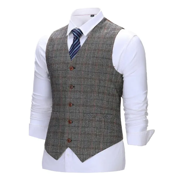 Men's Business 3 Pieces Formal Grey Plaid Tweed Notch Lapel Suit (Blazer vest Pants)