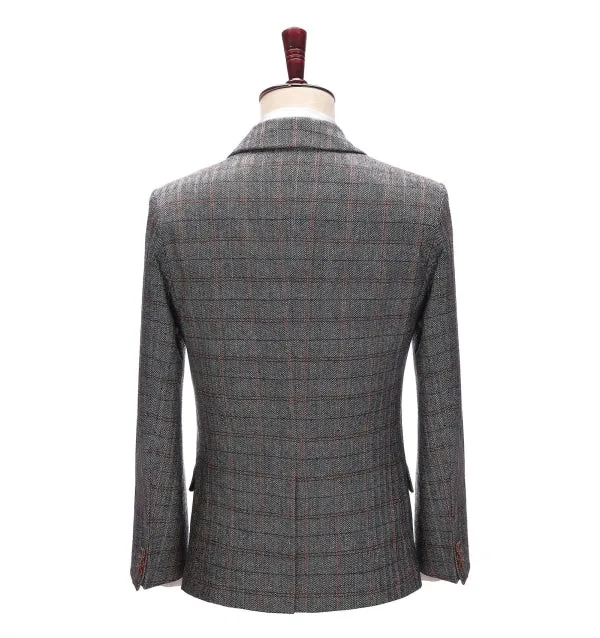 Men's Business 3 Pieces Formal Grey Plaid Tweed Notch Lapel Suit (Blazer vest Pants)