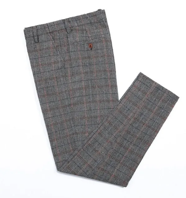 Men's Business 3 Pieces Formal Grey Plaid Tweed Notch Lapel Suit (Blazer vest Pants)