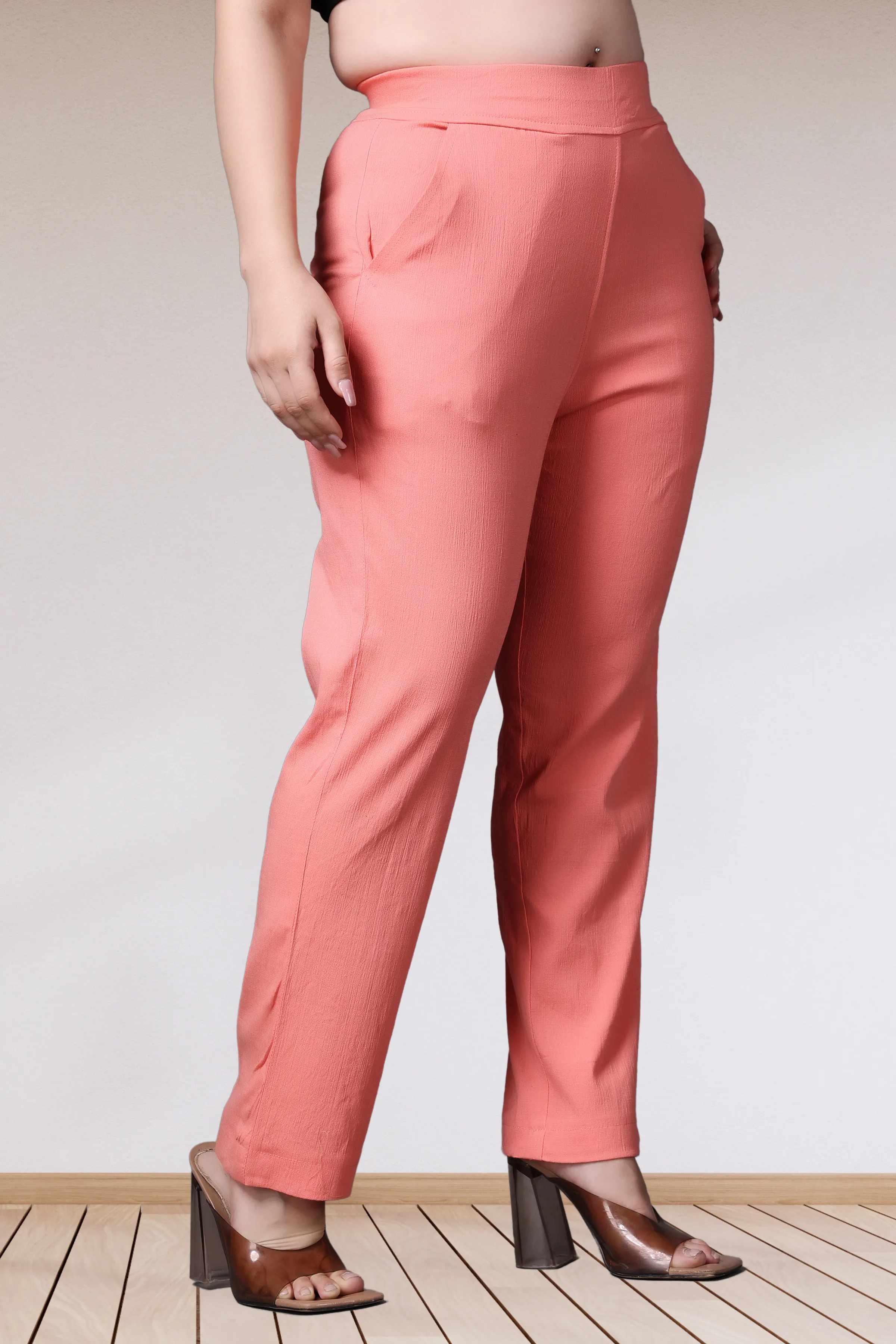 Peach Lycra Slub Pants