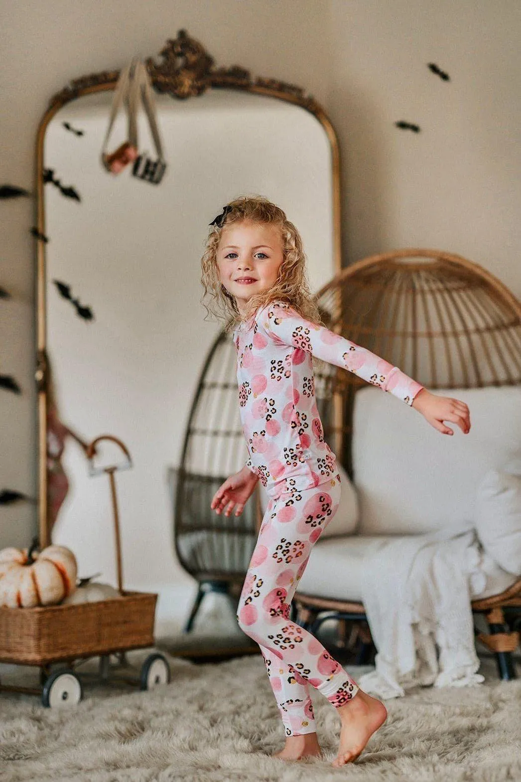 Pink and Black Leopard Print Two-Piece Bamboo Pajama Set for Kids