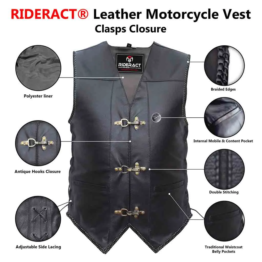 RIDERACT® Adjustable Leather Vest Black with Antique Clasps Closure