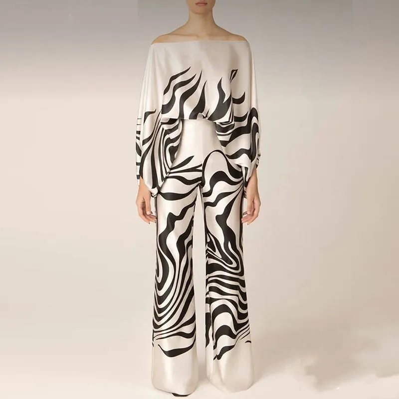 Slash Neck Long Batwing Sleeve Wide Leg Pants Outfit