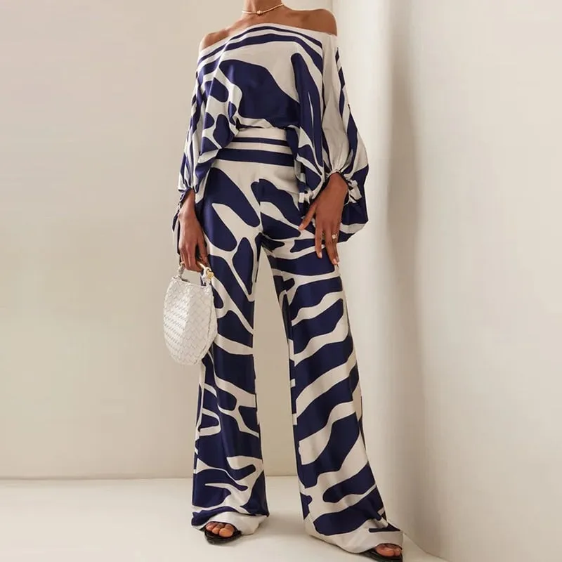 Slash Neck Long Batwing Sleeve Wide Leg Pants Outfit