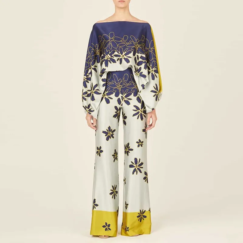 Slash Neck Long Batwing Sleeve Wide Leg Pants Outfit