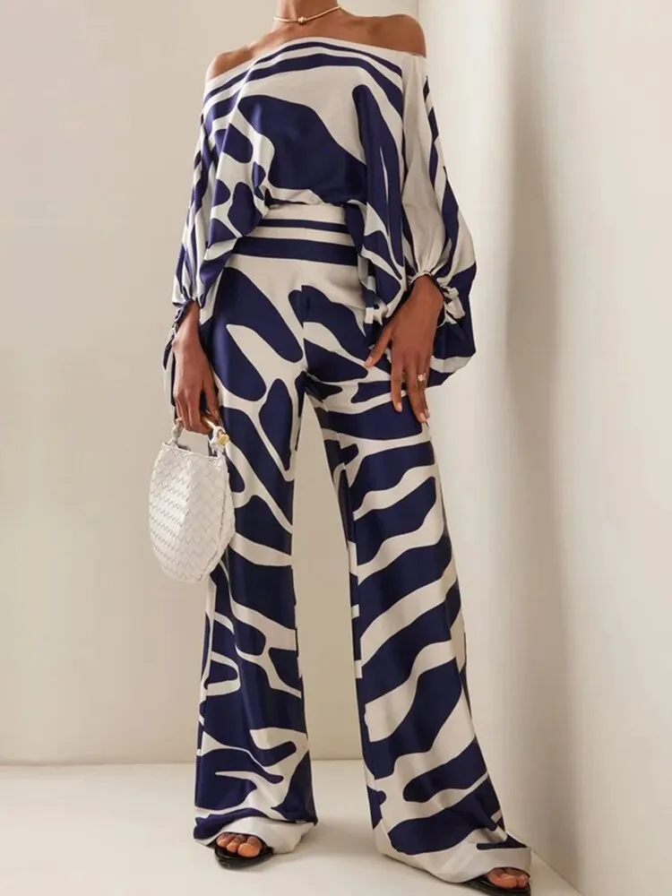 Slash Neck Long Batwing Sleeve Wide Leg Pants Outfit
