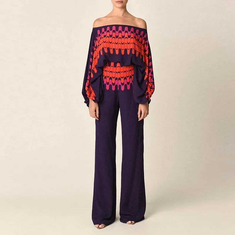 Slash Neck Long Batwing Sleeve Wide Leg Pants Outfit