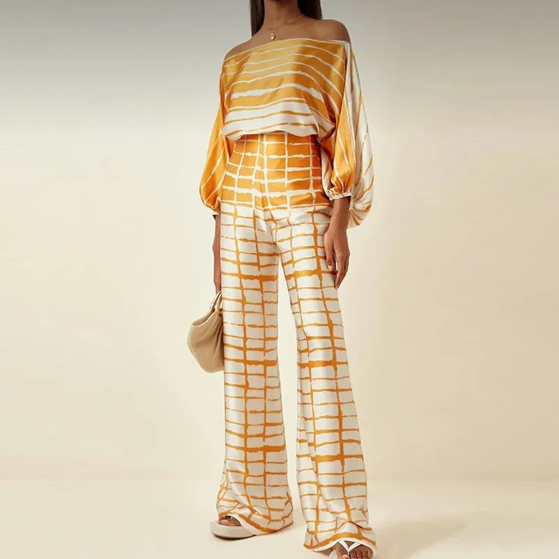 Slash Neck Long Batwing Sleeve Wide Leg Pants Outfit