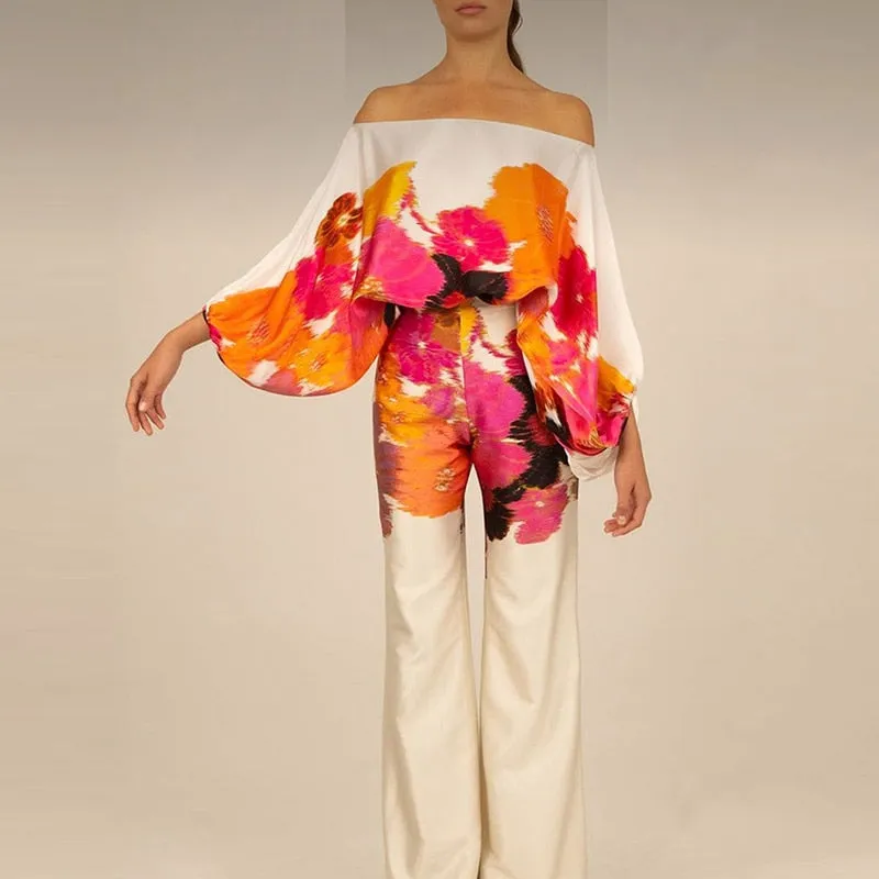Slash Neck Long Batwing Sleeve Wide Leg Pants Outfit