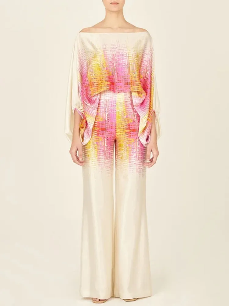 Slash Neck Long Batwing Sleeve Wide Leg Pants Outfit