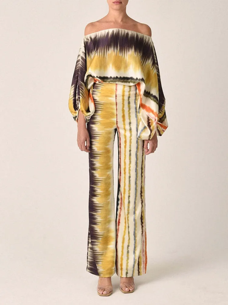 Slash Neck Long Batwing Sleeve Wide Leg Pants Outfit