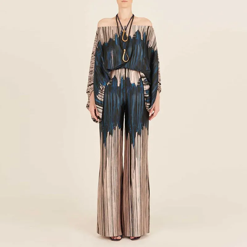 Slash Neck Long Batwing Sleeve Wide Leg Pants Outfit