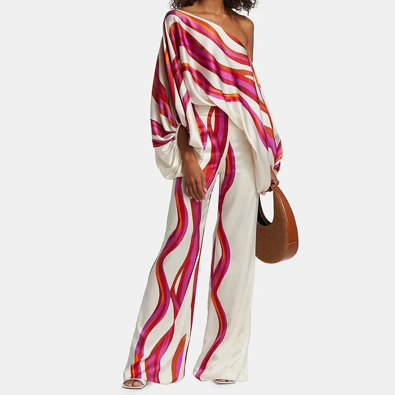 Slash Neck Long Batwing Sleeve Wide Leg Pants Outfit
