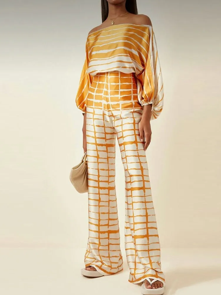 Slash Neck Long Batwing Sleeve Wide Leg Pants Outfit