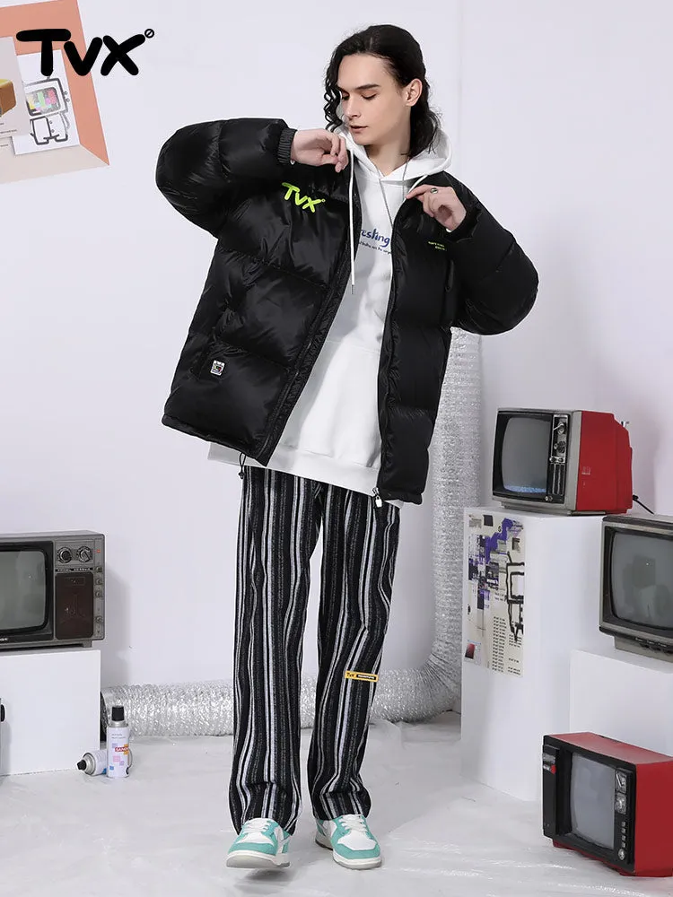 Vertical woven stripe letter-printed label elastic waist straight leg casual pants