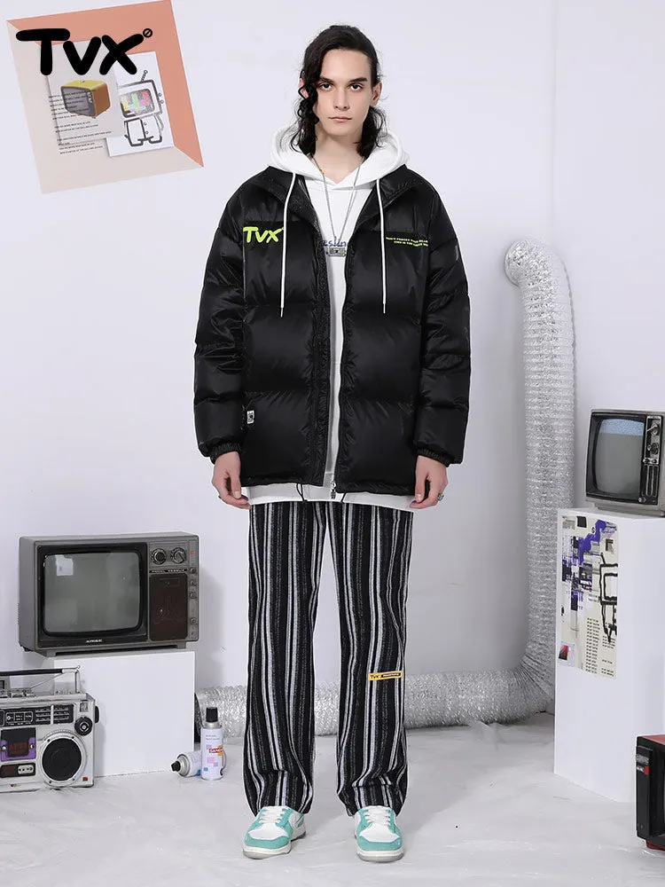 Vertical woven stripe letter-printed label elastic waist straight leg casual pants