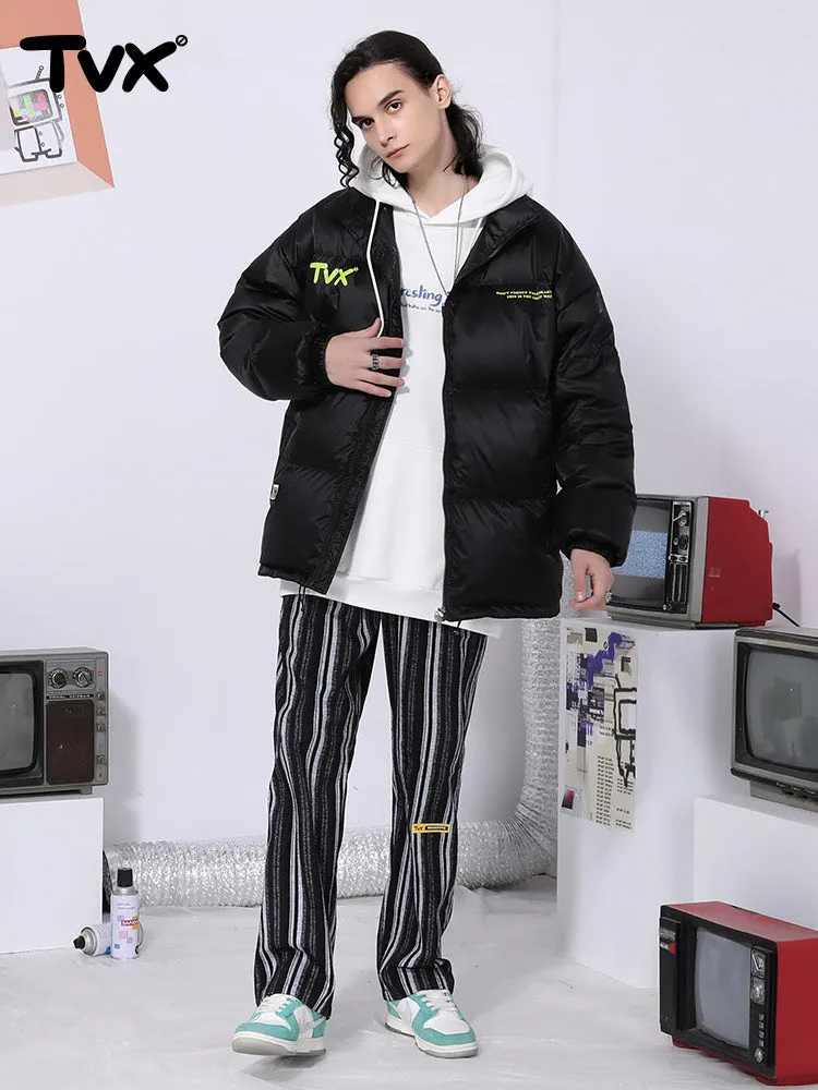 Vertical woven stripe letter-printed label elastic waist straight leg casual pants