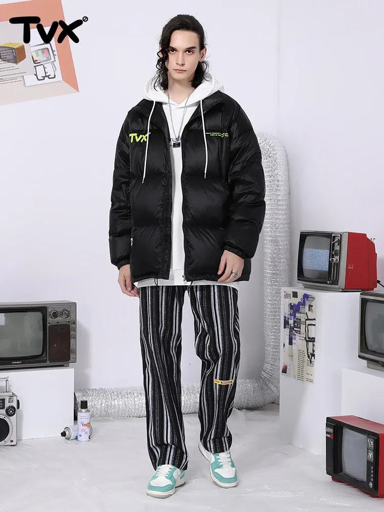 Vertical woven stripe letter-printed label elastic waist straight leg casual pants