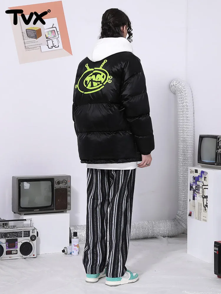 Vertical woven stripe letter-printed label elastic waist straight leg casual pants