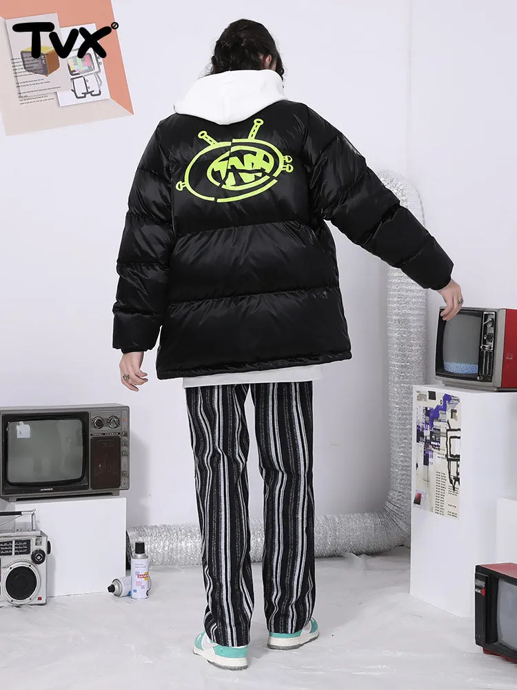 Vertical woven stripe letter-printed label elastic waist straight leg casual pants