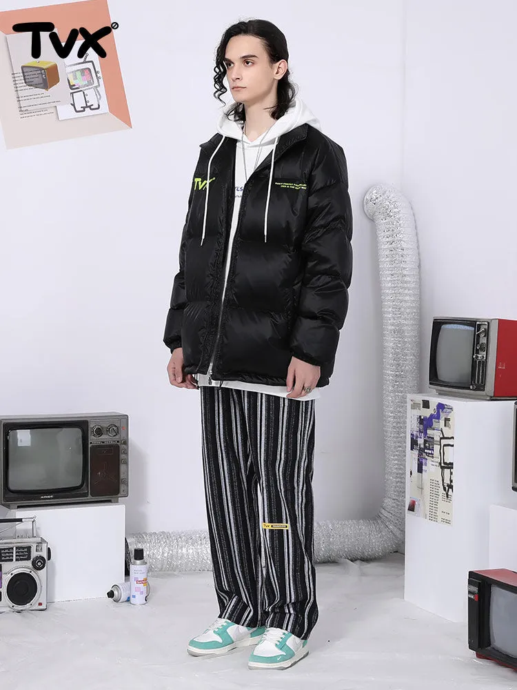 Vertical woven stripe letter-printed label elastic waist straight leg casual pants