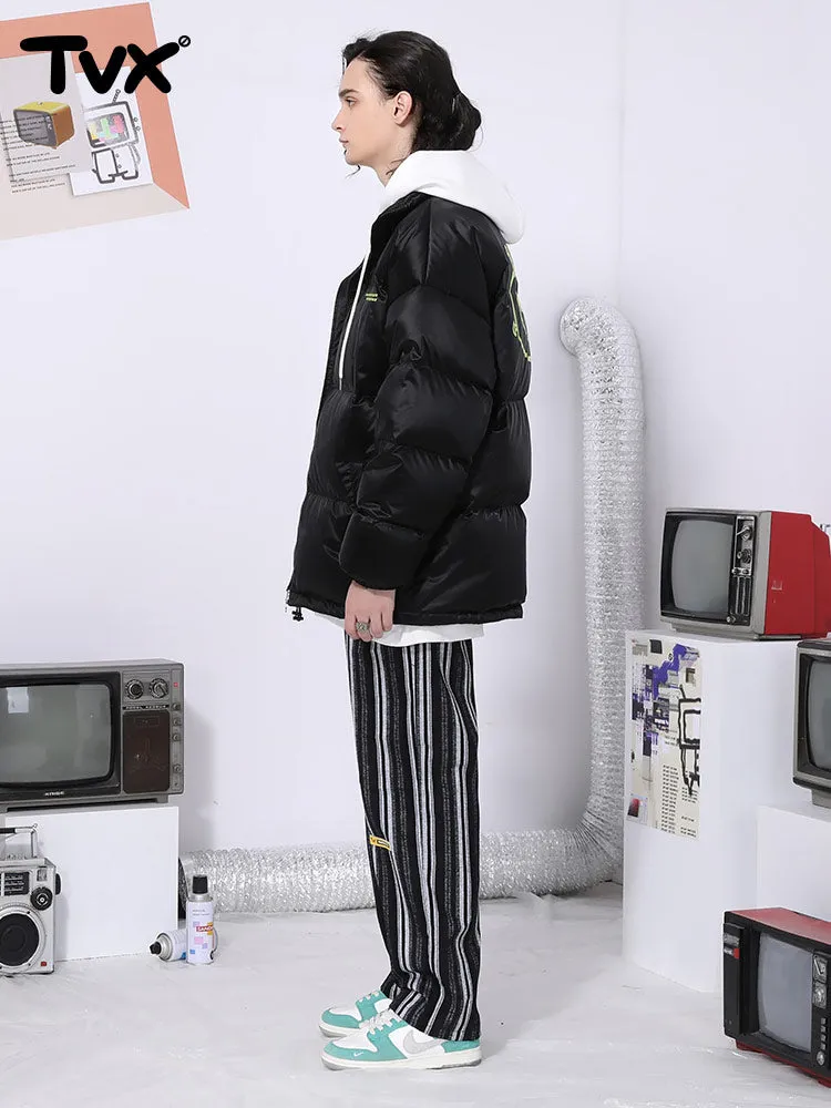 Vertical woven stripe letter-printed label elastic waist straight leg casual pants