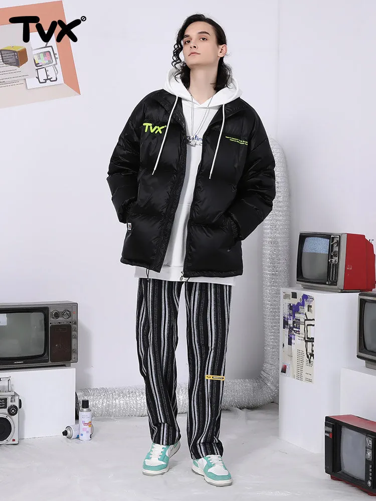 Vertical woven stripe letter-printed label elastic waist straight leg casual pants