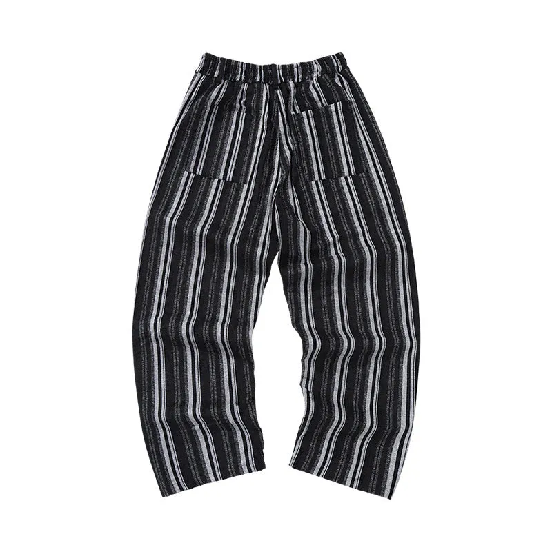 Vertical woven stripe letter-printed label elastic waist straight leg casual pants