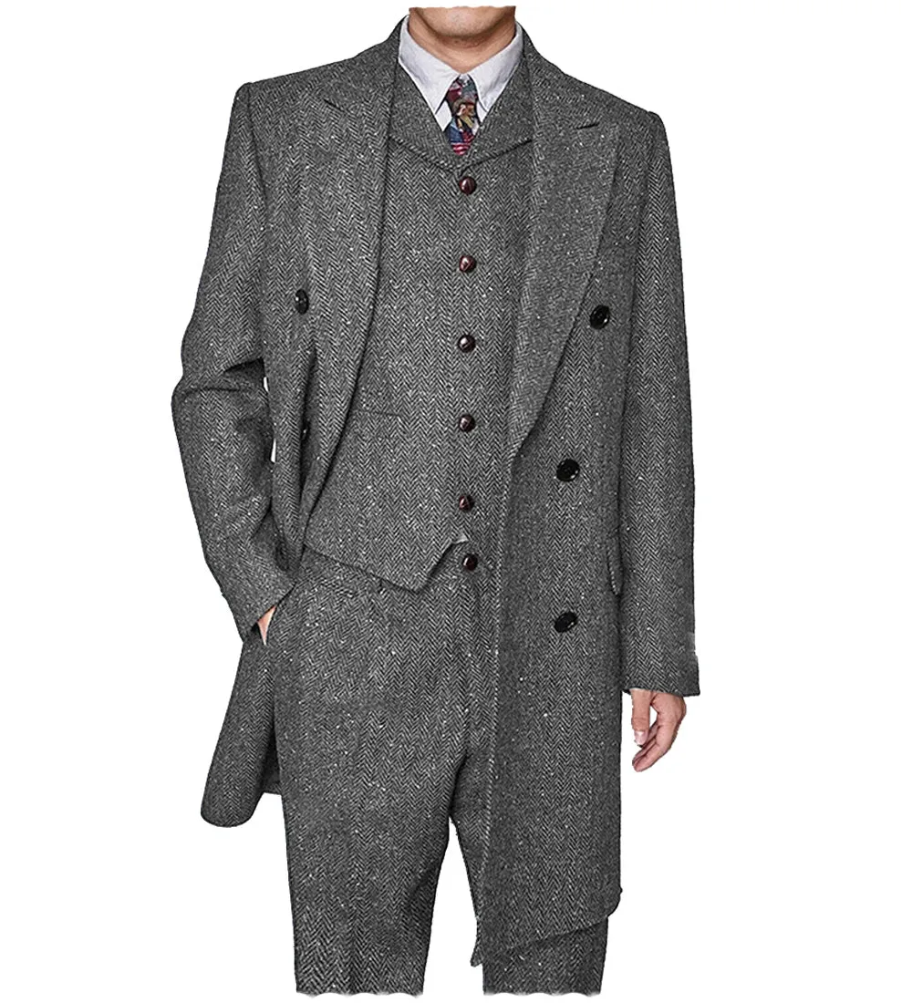 Vintage Classical 3 Pieces Mens Suit Herringbone Tweed Peak Lapel Tuxedos (Blazer vest Pants)